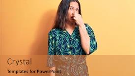  Presentation with bad breath - Beautiful slide deck featuring young-beautiful-brunette-woman-wearing backdrop and a gold colored foreground