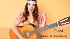  Presentation with classical guitar - Cool new PPT layouts with young-beautiful-brunette-woman-wearing backdrop and a yellow colored foreground