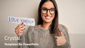  Presentation with love yourself - Amazing slide deck having young-beautiful-brunette-woman-wearing backdrop and a coral colored foreground