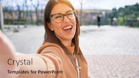  Presentation with city street - Beautiful slide deck featuring young-beautiful-brunette-woman-wearing backdrop and a coral colored foreground