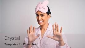  Presentation with panic - Slide set having young-beautiful-brunette-woman-wearing background and a light gray colored foreground