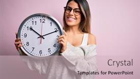  Presentation with clock countdown - Slide deck having young-beautiful-brunette-woman-wearing background and a soft green colored foreground