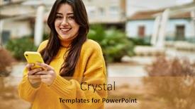  Presentation with outdoors - Slides having young-beautiful-brunette-woman-wearing background and a gold colored foreground