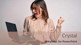  Presentation with working - Presentation design with young-beautiful-brunette-woman-working background and a coral colored foreground