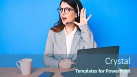  Presentation with listening woman - Slides featuring young-beautiful-brunette-woman-working background and a ocean colored foreground