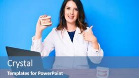  Presentation with denture - Slide set consisting of young-beautiful-brunette-woman-working background and a teal colored foreground