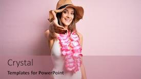  Presentation with hawaiian flowers - Cool new PPT theme with young-beautiful-brunette-woman backdrop and a coral colored foreground