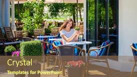  Presentation with cold drink - Amazing PPT theme having young-beautiful-brunette-woman backdrop and a tawny brown colored foreground