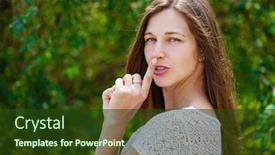  Presentation with forefinger - Cool new slides with young-beautiful-brunette-woman backdrop and a tawny brown colored foreground