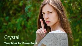  Presentation with forefinger - Theme enhanced with young-beautiful-brunette-woman background and a tawny brown colored foreground