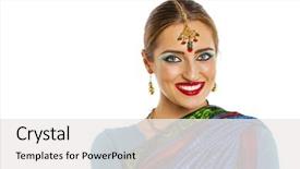  Presentation with indian woman - Amazing PPT theme having young beautiful brunette woman in indian dress backdrop and a white colored foreground