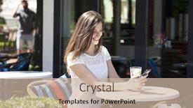  Presentation with cold drink - PPT theme consisting of young beautiful brunette woman with a cold drink sitting in a cafe on the street background and a soft green colored foreground