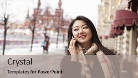  Presentation with new years - Slide set consisting of young beautiful brunette woman in white dress calling on a cell phone posing against a background of a new years interior background and a light gray colored foreground