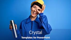  Presentation with water safety - PPT theme with young-beautiful-brunette-worker-woman background and a ocean colored foreground