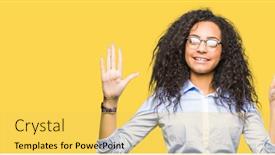  Presentation with eight - Slide deck enhanced with young beautiful business girl with curly hair wearing glasses showing and pointing up with fingers number eight while smiling confident and happy background and a yellow colored foreground