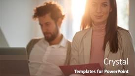  Presentation with business partner - Audience pleasing theme consisting of young-beautiful-business-woman-posing backdrop and a violet colored foreground