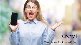  Presentation with winner - Audience pleasing slides consisting of young beautiful business woman showing backdrop and a  colored foreground