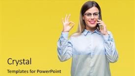  Presentation with speaking - Audience pleasing slide deck consisting of young beautiful business woman speaking backdrop and a yellow colored foreground