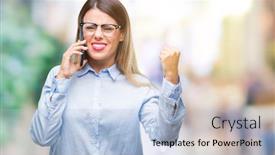  Presentation with speaking - Presentation theme featuring young beautiful business woman speaking calling using smartphone over isolated background annoyed and frustrated shouting with anger crazy and yelling with raised hand anger concept background and a light blue colored foreground