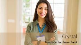  Presentation with business card - Amazing presentation having business woman wearing id card backdrop and a coral colored foreground