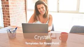  Presentation with home office - Amazing presentation theme having young beautiful business woman working using laptop at home or the office smiling positive backdrop and a coral colored foreground