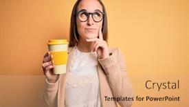  Presentation with takeaway coffee - Beautiful PPT theme featuring young-beautiful-businesswoman-drinking-cup backdrop and a coral colored foreground