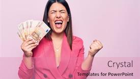  Presentation with victory - Beautiful PPT theme featuring young-beautiful-businesswoman-holding-euros backdrop and a coral colored foreground