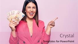  Presentation with banknotes - Colorful slide deck enhanced with young-beautiful-businesswoman-holding-euros backdrop and a coral colored foreground