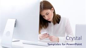  Presentation with smartphone - PPT theme enhanced with young beautiful businesswoman sitting at the table in office and using smartphone background and a sky blue colored foreground