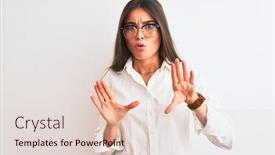  Presentation with forbidden - Audience pleasing PPT theme consisting of young beautiful businesswoman wearing glasses standing over isolated white background moving away hands palms showing refusal and denial with afraid and disgusting expression stop and forbidden backdrop and a lemonade colored foreground