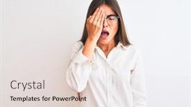  Presentation with face pain - Cool new slide deck with young beautiful businesswoman wearing glasses standing over isolated white background yawning tired covering half face eye and mouth with hand face hurts in pain backdrop and a lemonade colored foreground