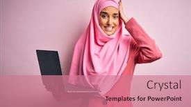 Presentation with pink business - Presentation theme featuring young-beautiful-businesswoman-wearing-pink background and a coral colored foreground