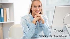  Presentation with computer - Amazing slide deck having young-beautiful-businesswoman-with-computer backdrop and a light blue colored foreground