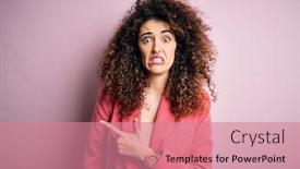  Presentation with forefinger - Theme enhanced with young-beautiful-businesswoman-with-curly background and a coral colored foreground