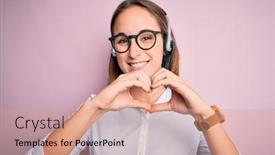  Presentation with call center agent reporting - Cool new presentation design with young-beautiful-call-center-agent backdrop and a coral colored foreground