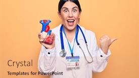  Presentation with cardiologist - PPT theme consisting of young-beautiful-cardiologist-woman-wearing background and a coral colored foreground