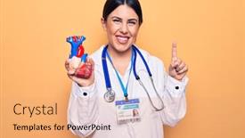  Presentation with cardiologist - PPT theme enhanced with young-beautiful-cardiologist-woman-wearing background and a coral colored foreground