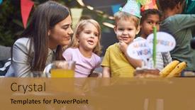  Presentation with children birthday - Slide set with young-beautiful-caucasian-female-amusing background and a coral colored foreground