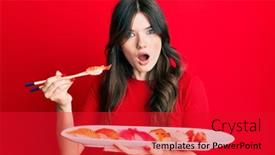  Presentation with chopsticks - Slide deck having young-beautiful-caucasian-girl-eating background and a red colored foreground