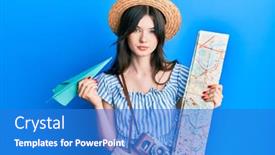  Presentation with city map - Slides enhanced with young-beautiful-caucasian-girl-holding background and a cobalt blue colored foreground