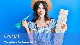  Presentation with paper making - PPT theme with young-beautiful-caucasian-girl-holding background and a teal colored foreground