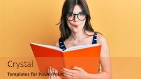  Presentation with book glasses - PPT theme having young-beautiful-caucasian-girl-reading background and a gold colored foreground