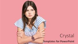  Presentation with sad girl - Cool new PPT theme with young-beautiful-caucasian-girl-wearing backdrop and a coral colored foreground