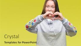  Presentation with heart love - Audience pleasing PPT theme consisting of young beautiful caucasian student woman wearing headphones over isolated background smiling in love showing heart symbol and shape with hands romantic concept backdrop and a yellow colored foreground