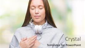  Presentation with student health - PPT theme enhanced with young beautiful caucasian student woman wearing headphones over isolated background smiling with hands on chest with closed eyes and grateful gesture on face health concept background and a sky blue colored foreground