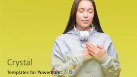  Presentation with student health - Audience pleasing PPT theme consisting of young beautiful caucasian student woman wearing headphones over isolated background smiling with hands on chest with closed eyes and grateful gesture on face health concept backdrop and a yellow colored foreground