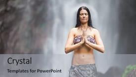  Presentation with waterfall woman - Slides consisting of young beautiful caucasian woman enjoying meditation under waterfall in the tropics background and a light gray colored foreground