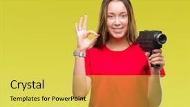  Presentation with video background - PPT layouts enhanced with young beautiful caucasian woman filming background and a  colored foreground