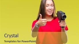  Presentation with beautiful young woman getting face - Presentation theme with young beautiful caucasian woman filming background and a yellow colored foreground