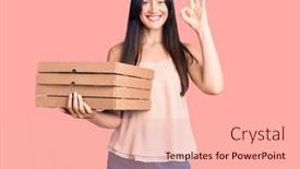  Presentation with pizza delivery - Beautiful slides featuring young-beautiful-caucasian-woman-holding backdrop and a lemonade colored foreground